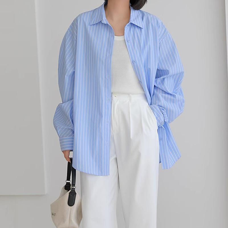 体型カバー ゆったり着こなしストライプ柄シャツ