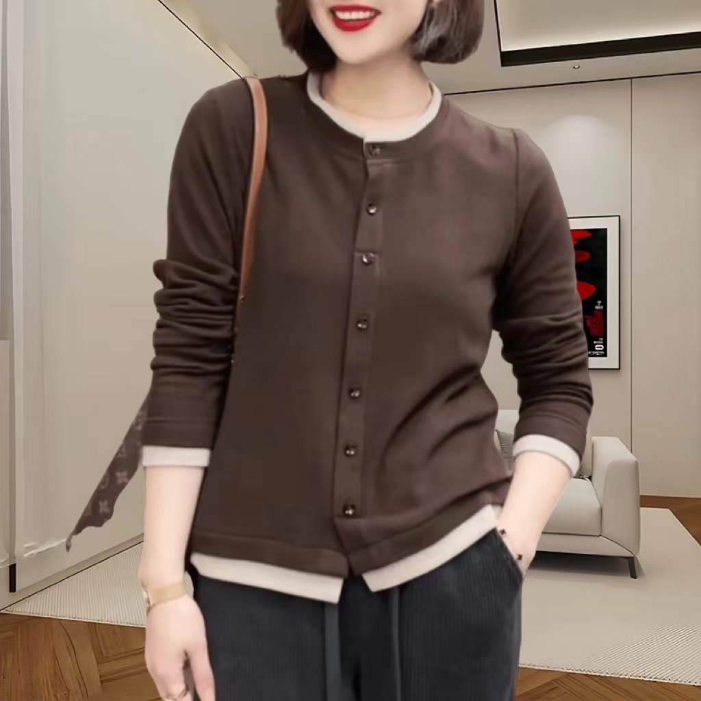 体型カバー ゆったりシルエット二重襟カーディガン