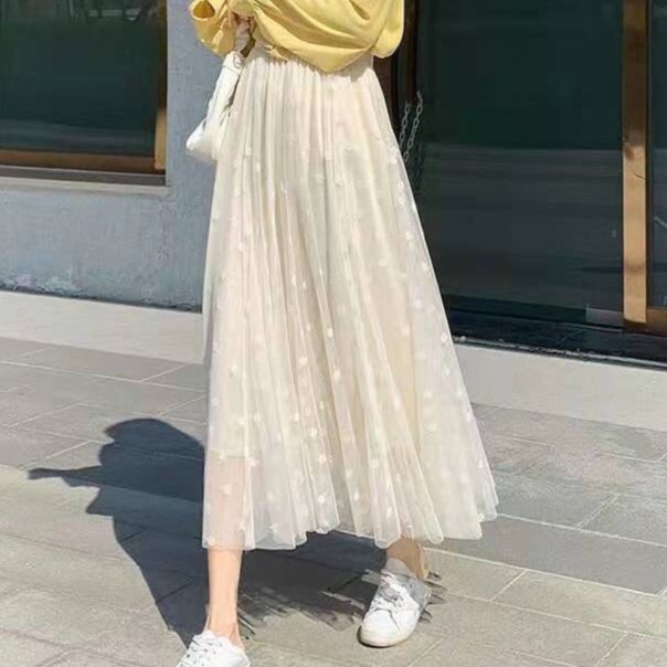 体型カバー ふんわりチュールプリーツロングスカート