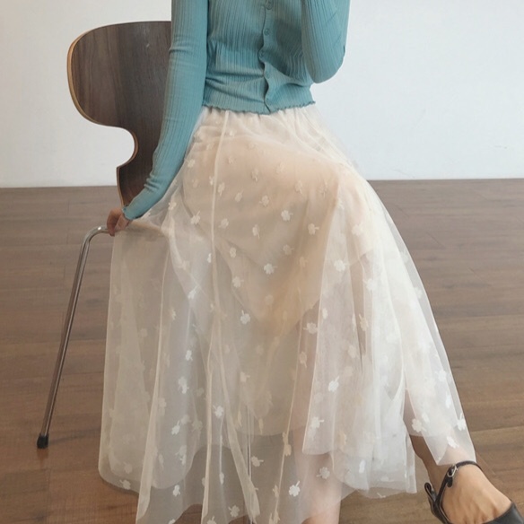体型カバー ふんわりチュールプリーツロングスカート