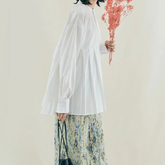 体型カバー 後ろ姿美人プリーツ切替ブラウス