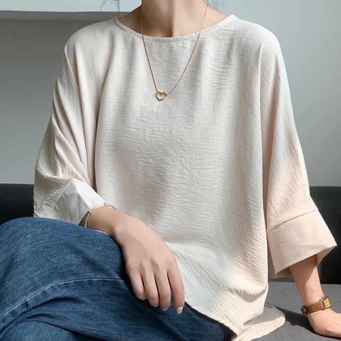 体型カバー ゆったりシルエット七分袖ブラウス