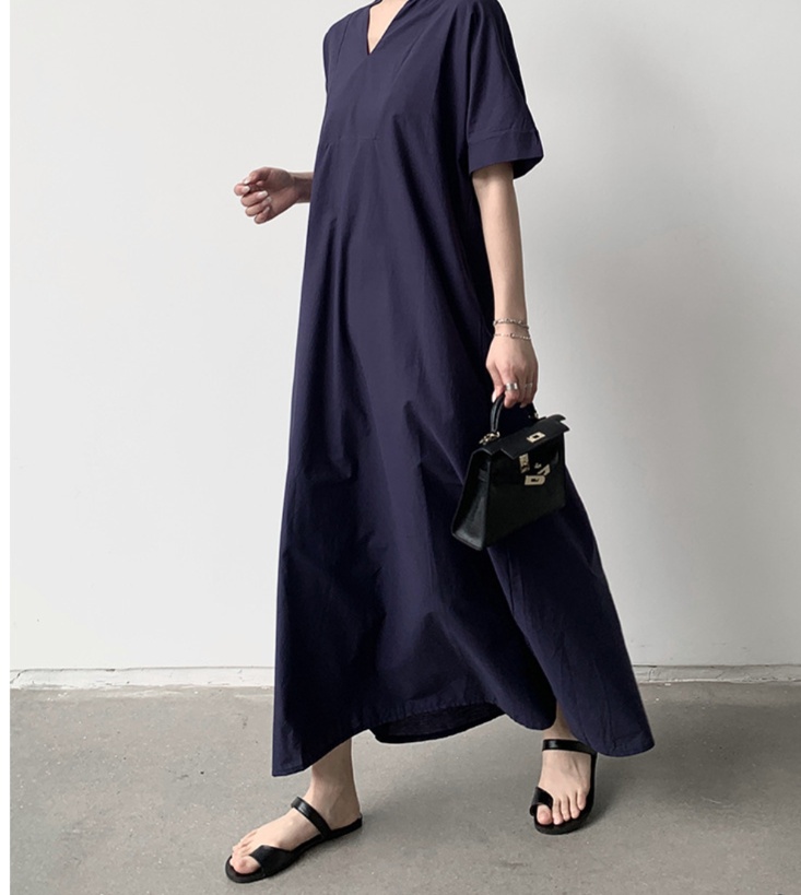 体型カバー ゆったりシルエット スキッパーネックマキシワンピース
