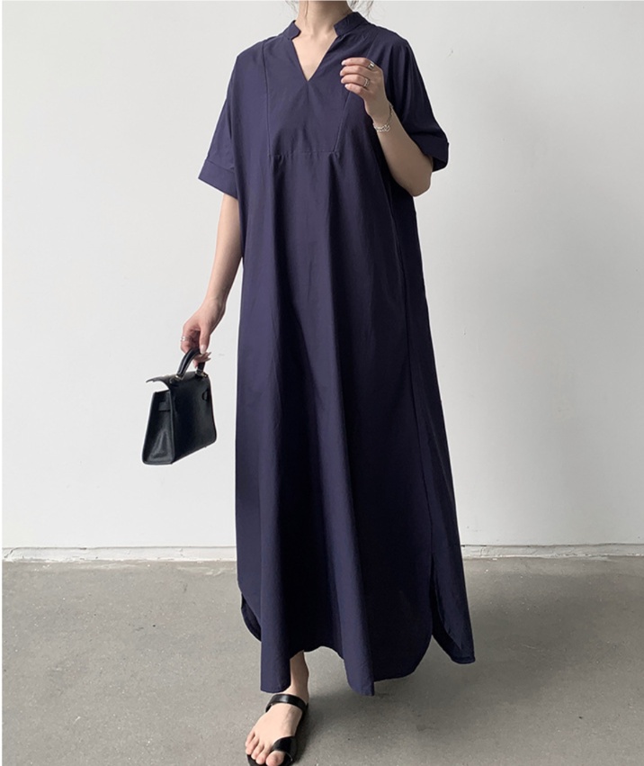 体型カバー ゆったりシルエット スキッパーネックマキシワンピース