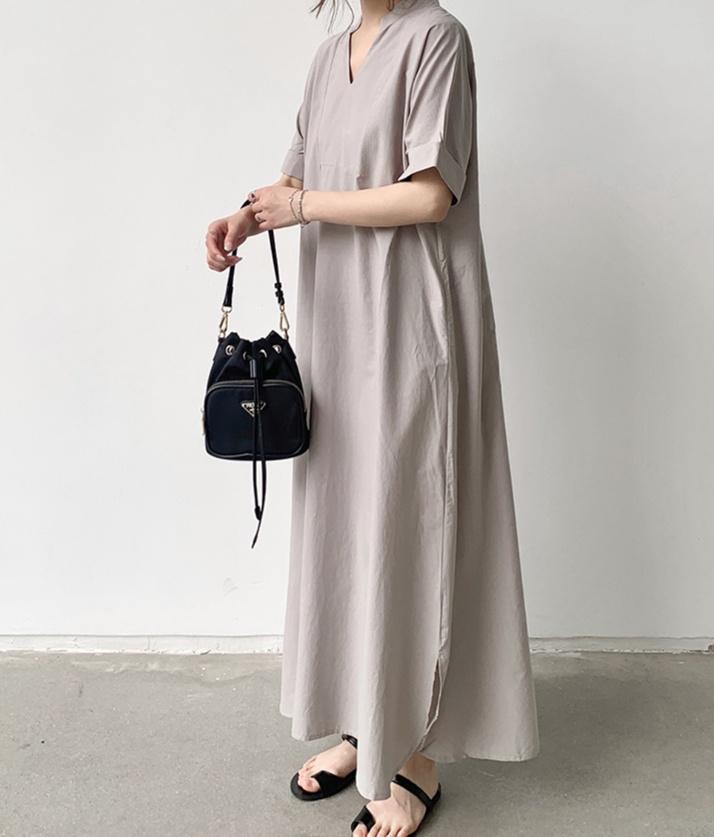 体型カバー ゆったりシルエット スキッパーネックマキシワンピース