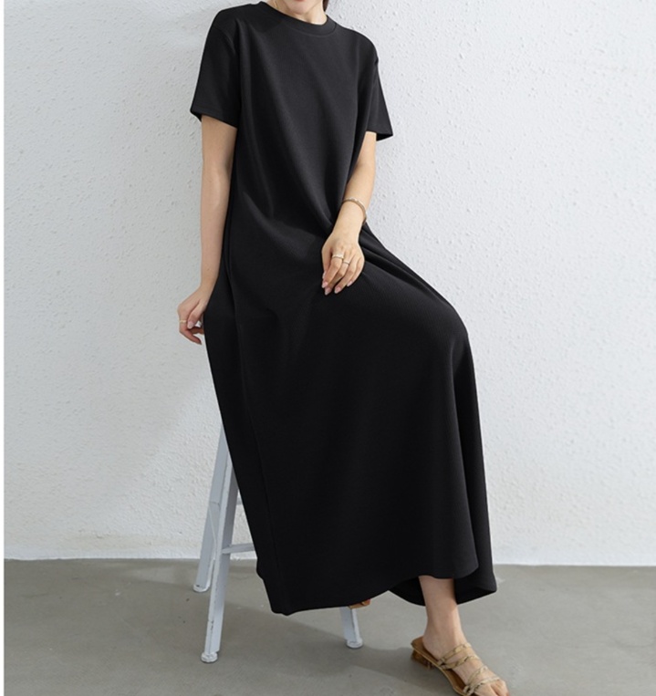 体型カバー すっきりシルエット ラウンドネック マキシ丈ワンピース