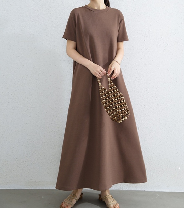 体型カバー すっきりシルエット ラウンドネック マキシ丈ワンピース
