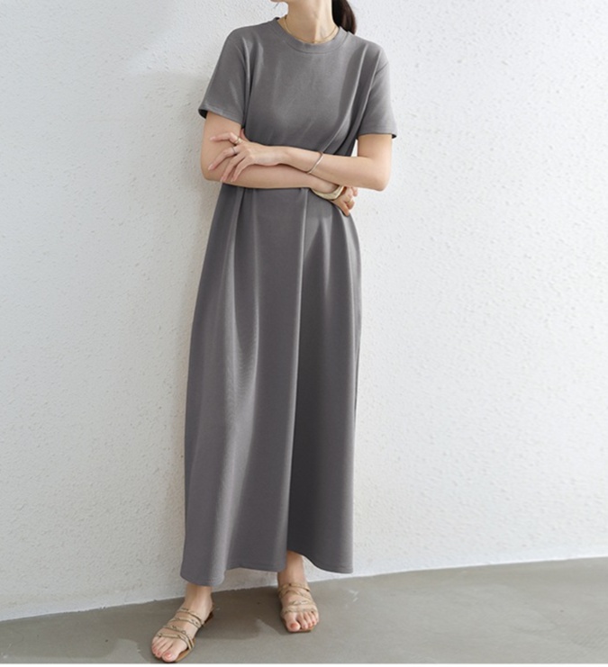 体型カバー すっきりシルエット ラウンドネック マキシ丈ワンピース