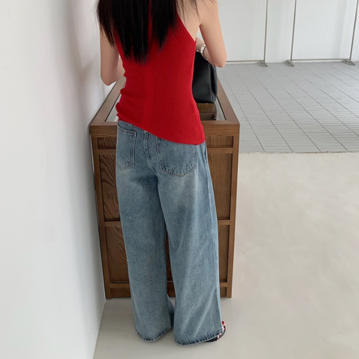 体型カバー ゆったりワイドデニム ウエスト紐付きデニムパンツ