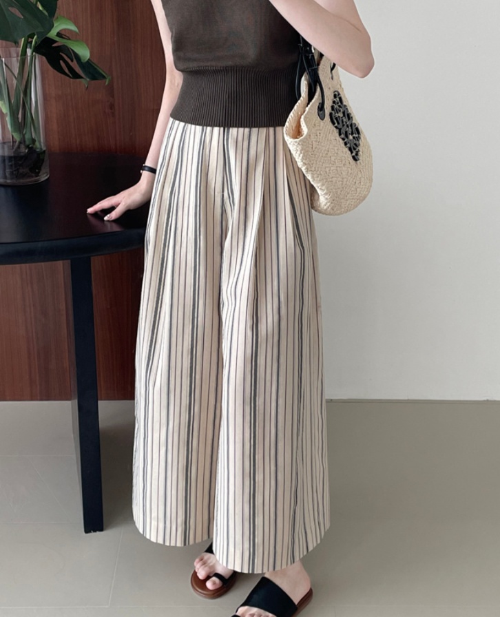 体型カバー ストライプすっきりワイドパンツ