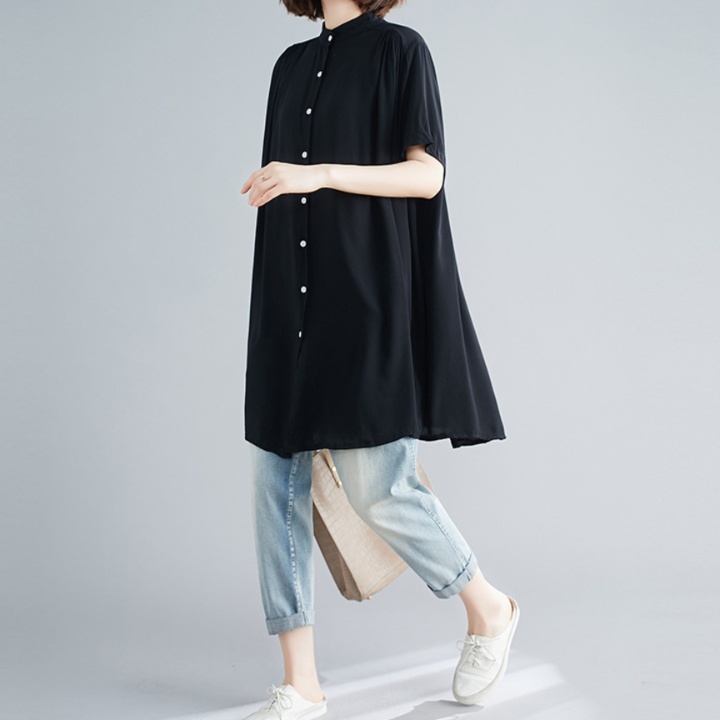 体型カバー ゆったりシルエットマンダリン襟シャツ