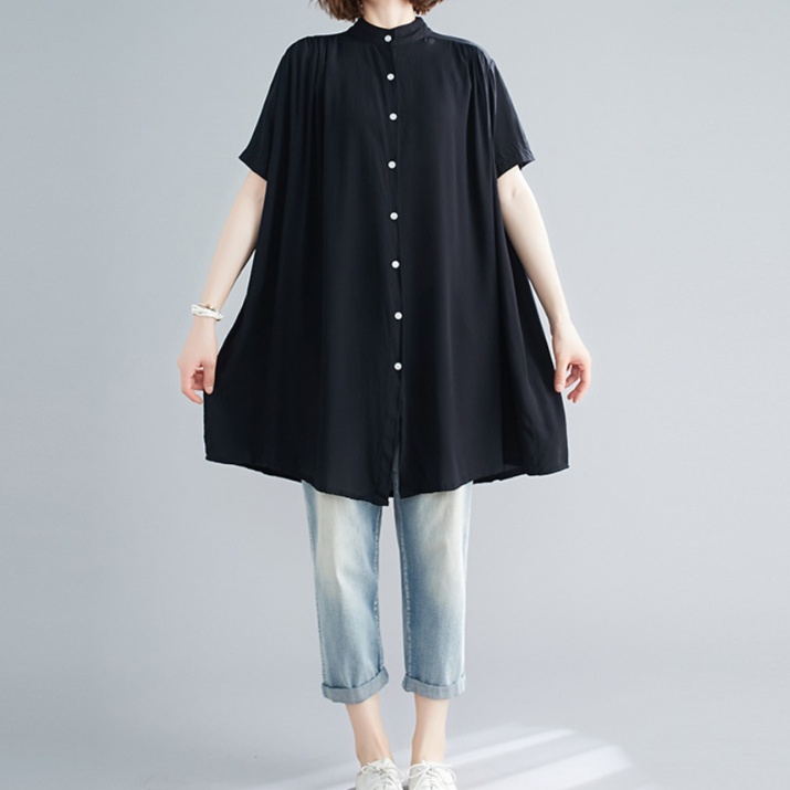 体型カバー ゆったりシルエットマンダリン襟シャツ