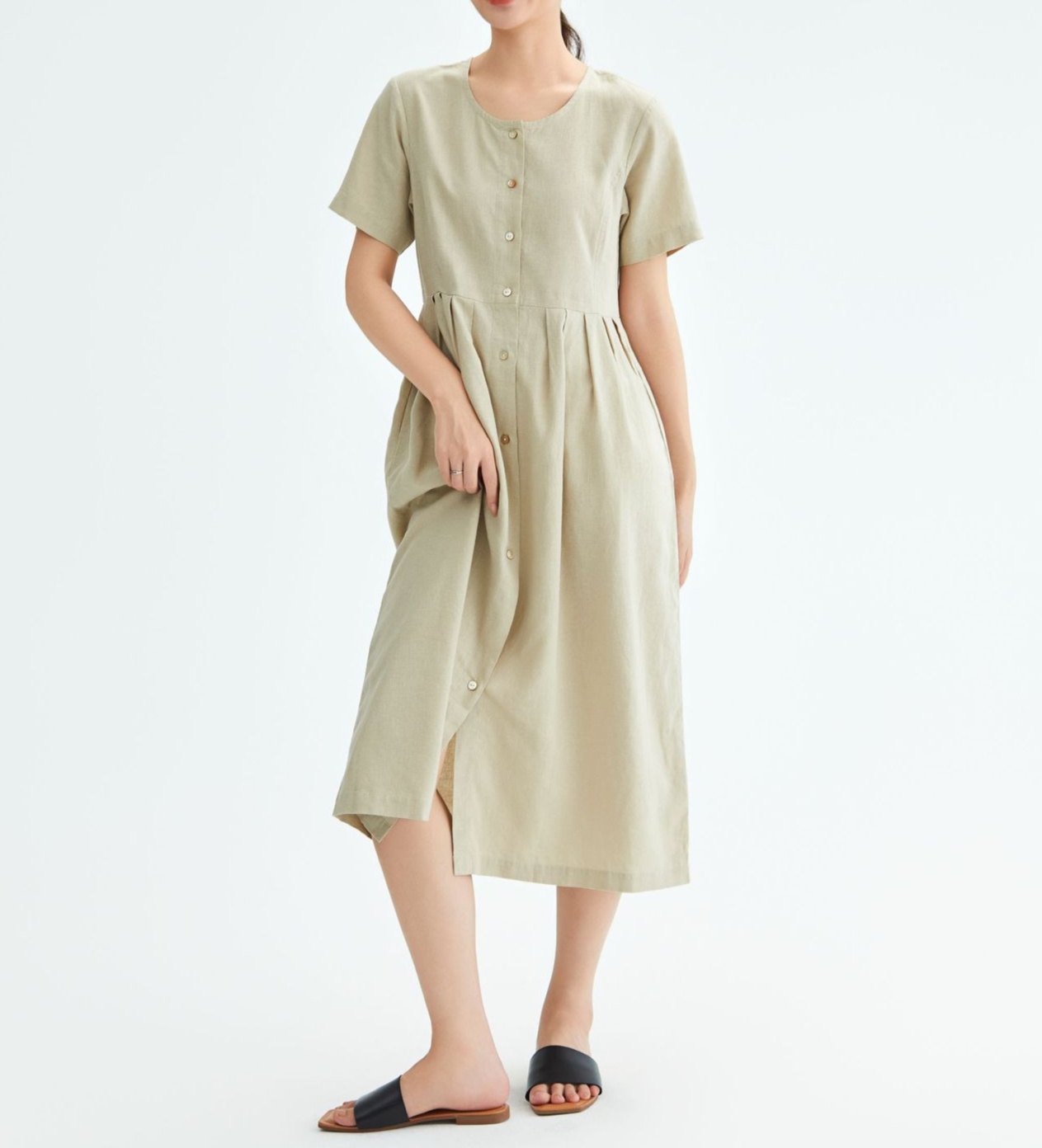 体型カバー ナチュラル麻混プリーツ切替ワンピース