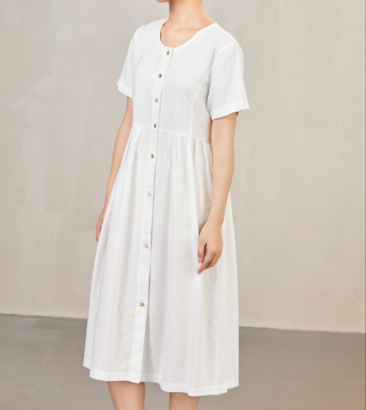 体型カバー ナチュラル麻混プリーツ切替ワンピース