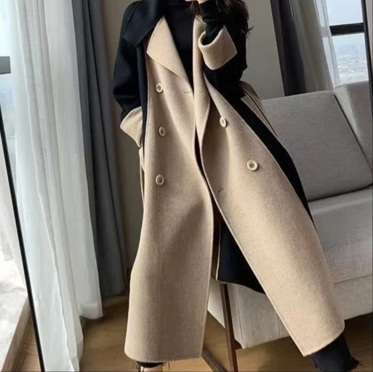体型カバー バイカラー切替ロング丈コート