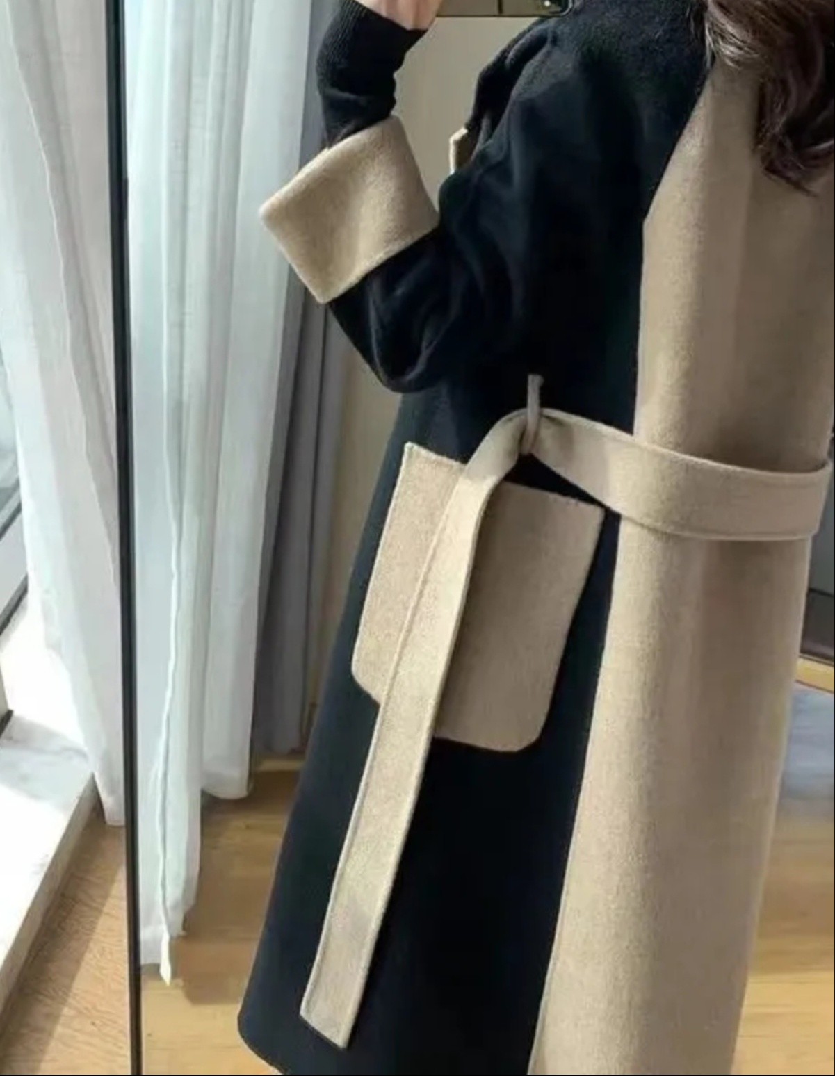 体型カバー バイカラー切替ロング丈コート