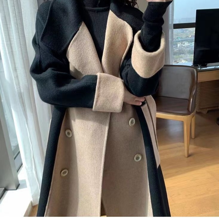 体型カバー バイカラー切替ロング丈コート