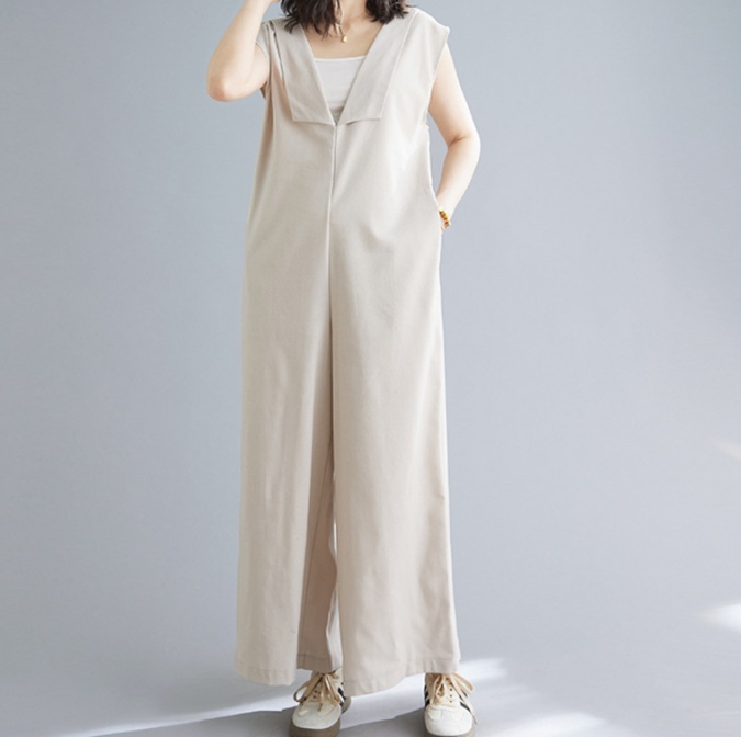 体型カバー ゆったりシルエット マキシ丈ジャンプスーツ