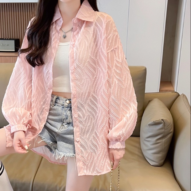 体型カバー 透け感シアーシャツ波模様デザイン