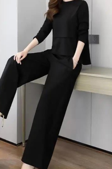 体型カバー ゆったりシルエット重ね着風パンツセット