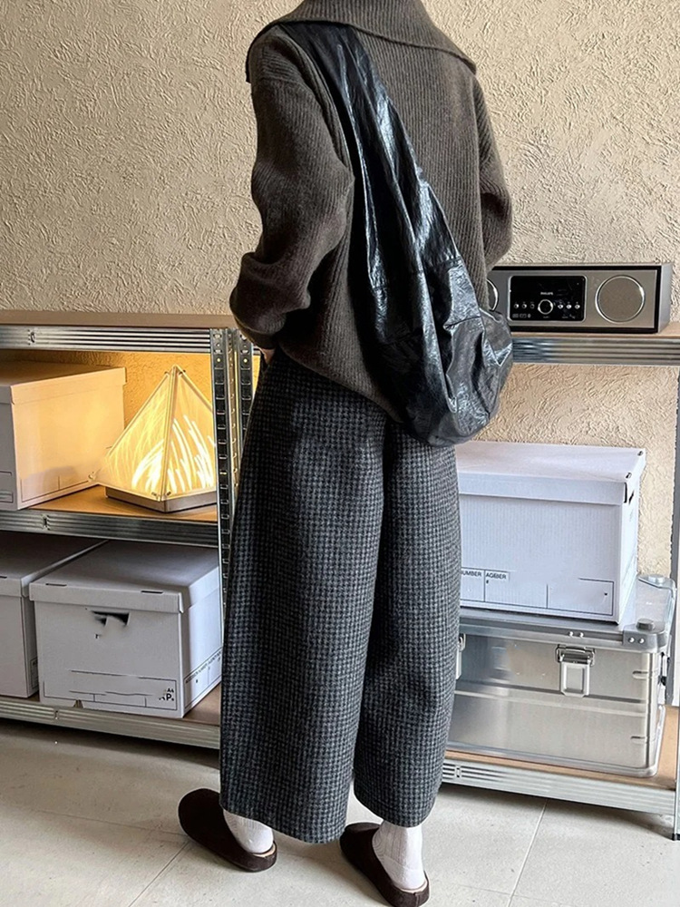 体型カバー ゆったりチェック柄ワイドパンツ