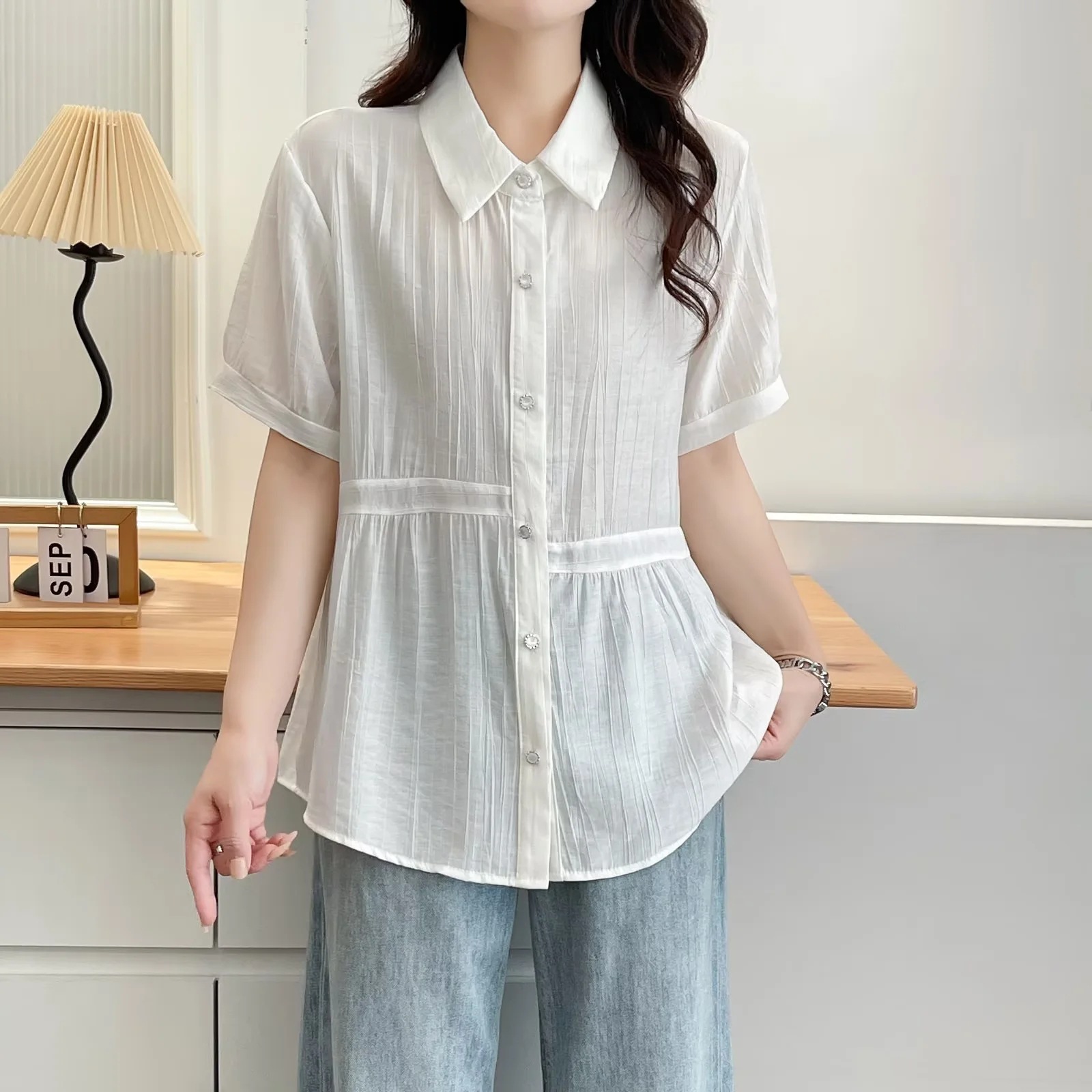 体型カバー ゆったりシルエット 切替デザインシャツ