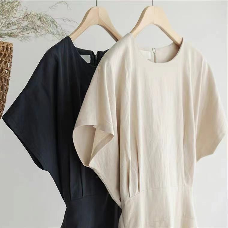 体型カバー シンプル美シルエット半袖ロングワンピース