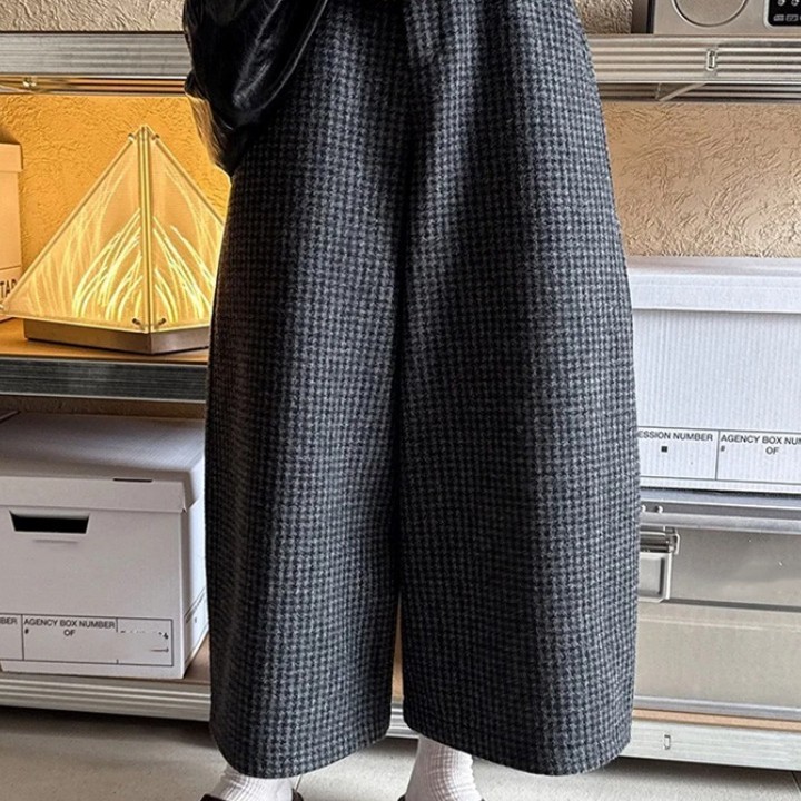 体型カバー ゆったりチェック柄ワイドパンツ