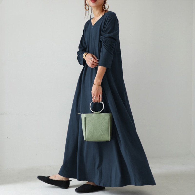 体型カバー ゆったりフレア 長袖ロングワンピース