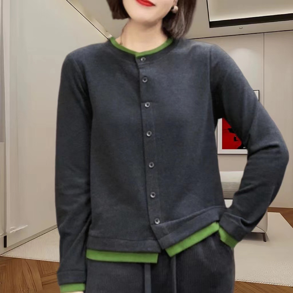 体型カバー ゆったりシルエット二重襟カーディガン