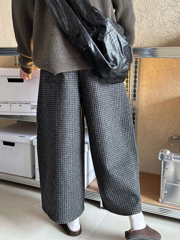 体型カバー ゆったりチェック柄ワイドパンツ