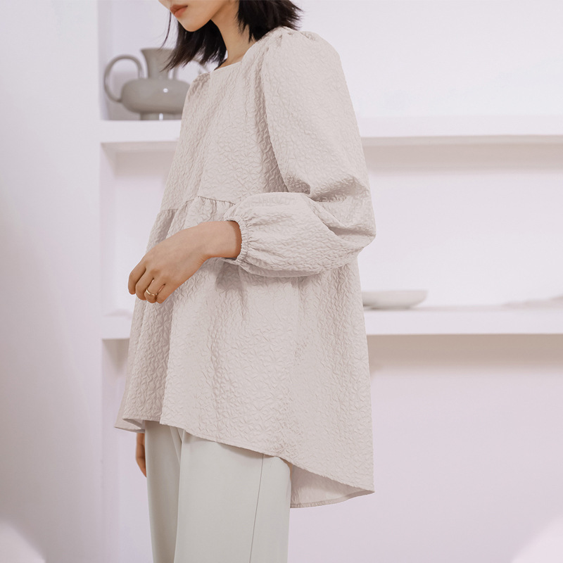 体型カバー ゆったりシルエット 長袖バブルブラウス