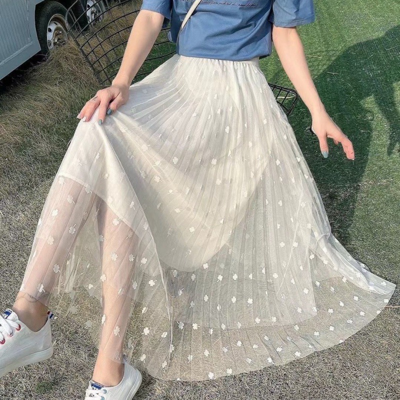 体型カバー ふんわりチュールプリーツロングスカート