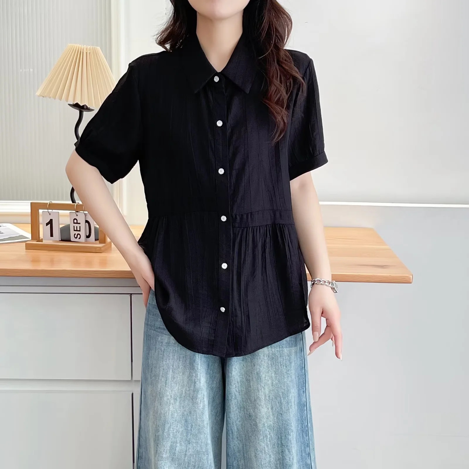 体型カバー ゆったりシルエット 切替デザインシャツ
