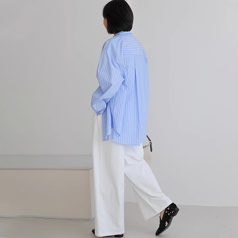 体型カバー ゆったり着こなしストライプ柄シャツ