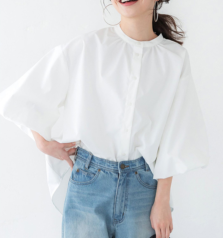 体型カバー ゆったり袖ギャザーネックブラウス