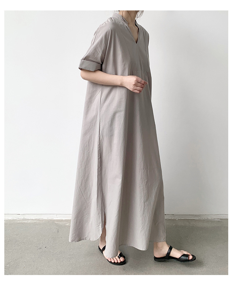 体型カバー ゆったりシルエット スキッパーネックマキシワンピース