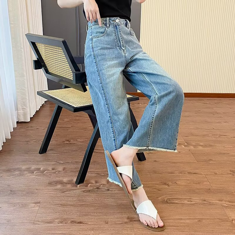 体型カバー ゆったりワイドデニムパンツ