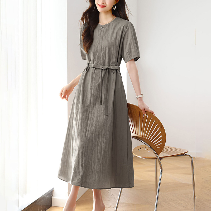 体型カバー ゆったりシルエット 麻混リネン風ロングワンピース