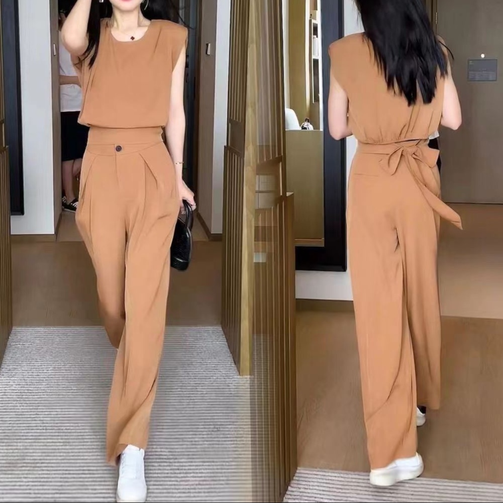 オールインワンコーデ シンプル優美ノースリーブジャンプスーツ