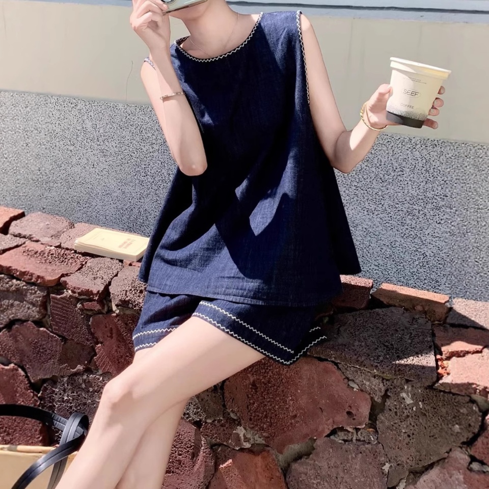 オールインワンコーデ デニム風ステッチ装飾セットアップ