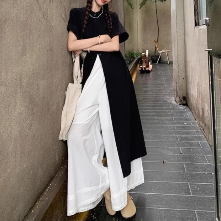 重ね着風シルエット ロング丈シャツセットアップ