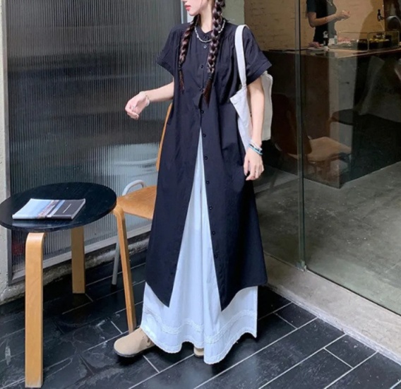 重ね着風シルエット ロング丈シャツセットアップ