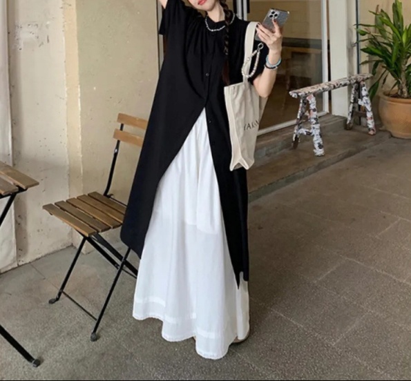 重ね着風シルエット ロング丈シャツセットアップ