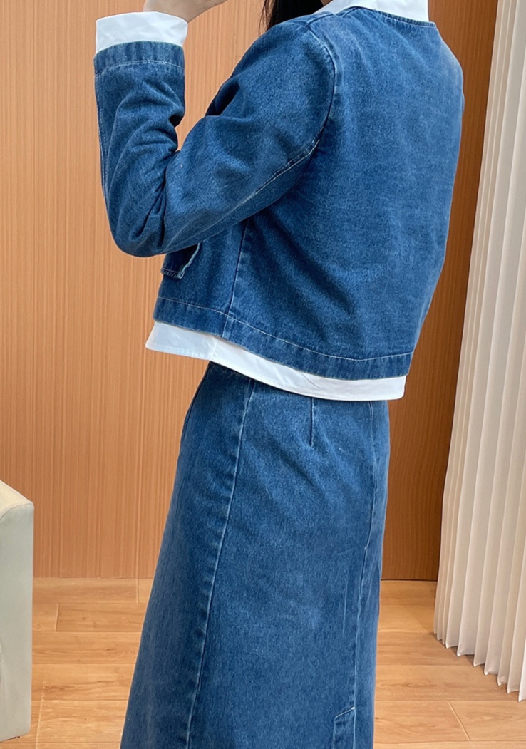 上品デニム調ジャケット＆ロングスカートセットアップ