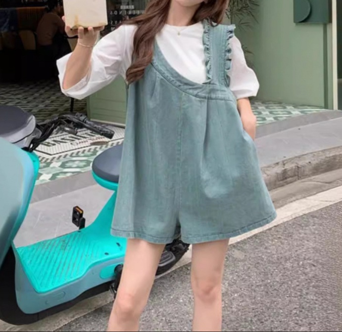オールインワンコーデ フリルデザイン ゆったりサロペット