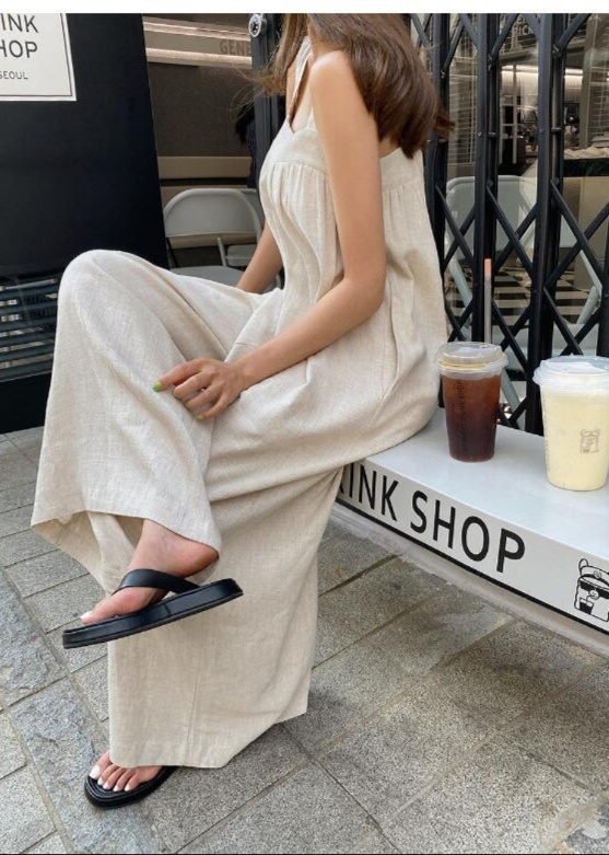 オールインワンコーデ 麻風ゆったりパンツサロペット