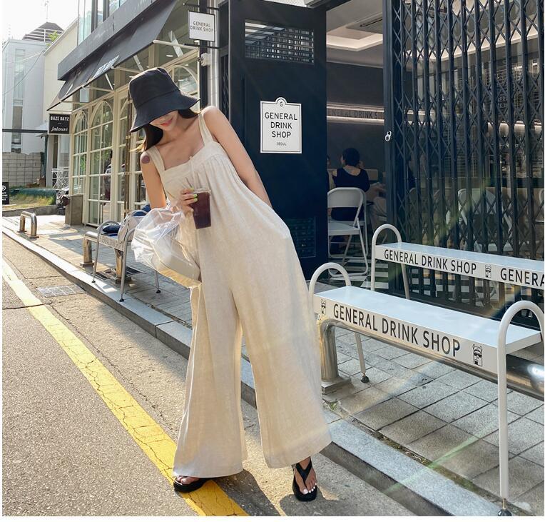 オールインワンコーデ 麻風ゆったりパンツサロペット