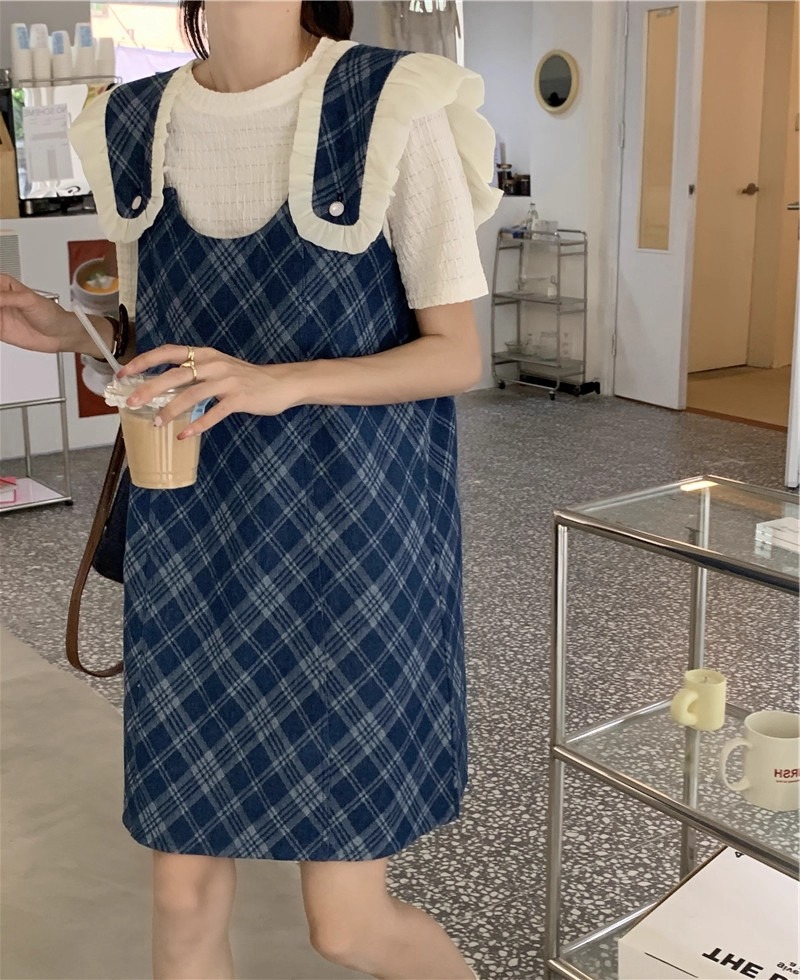 オールインワンコーデ 襟付きフレアオーバーオールスカート