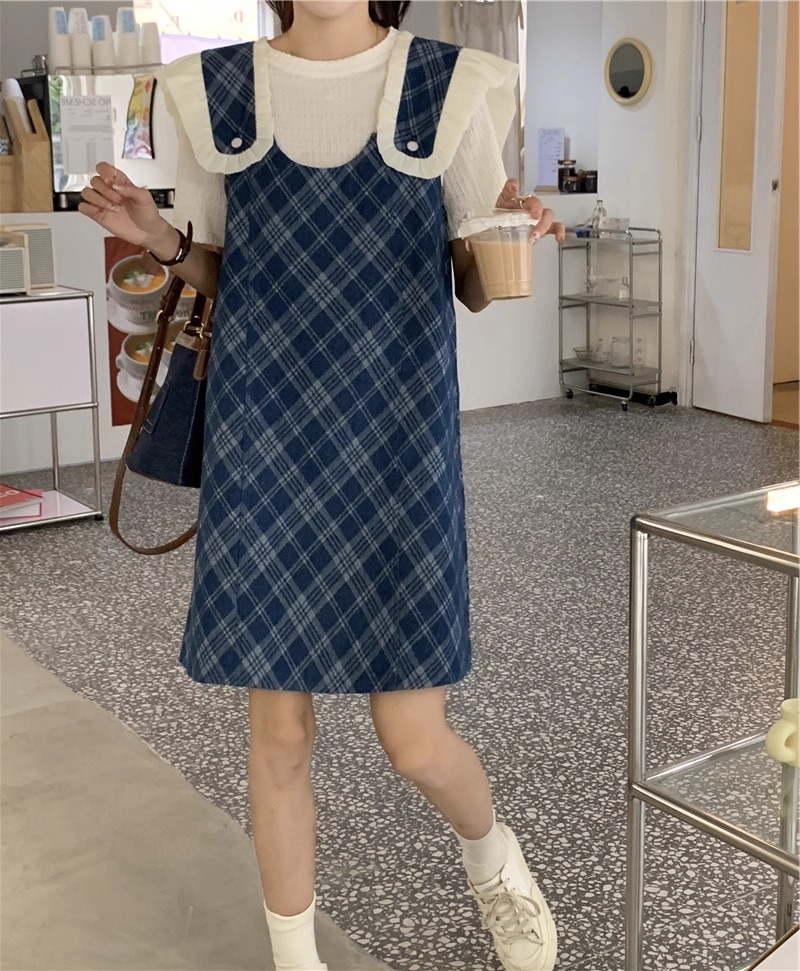 オールインワンコーデ 襟付きフレアオーバーオールスカート